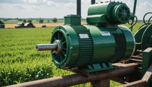 An AC motor used in agricultural machinery, situated in a farm setting