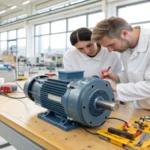 Engineers inspecting an electric motor in a bright industrial workspace