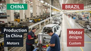 Infographic comparing electric motor production in China and Brazil
