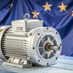 A modern electric motor with CE marking against EU flags