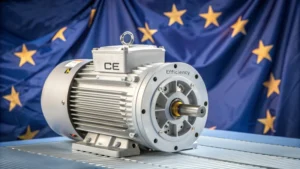 A modern electric motor with CE marking against EU flags