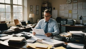 Businessman reviewing documents at a cluttered desk in an office.