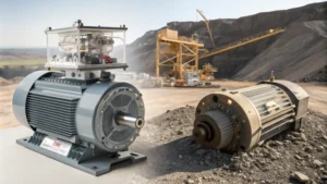 A comparison of a permanent magnet motor and an induction motor with a mining site background.
