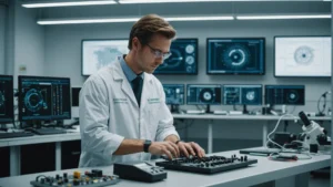 Technician examining Siemens motor in a laboratory setting