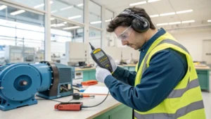 Technician measuring noise levels in a modern laboratory