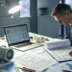 A business professional reviewing documents in a modern office