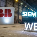 Collage of logos from ABB, Siemens, and WEG on an industrial background