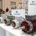 A collage of various electric motors with supplier logos in a modern industrial setting.