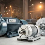 A collage of electric motors from WEG, Eberle Motors, and Voges Motors in an industrial setting.