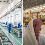 A split view of a modern induction motor factory and a traditional workshop