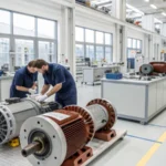 Workers collaborating in a high-tech manufacturing facility for induction motors.