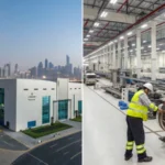 Split-screen image of two manufacturing environments for induction motors