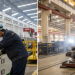 A split image showing induction motor production in China and Brazil.