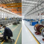 A split image of contrasting induction motor production facilities in China and Germany