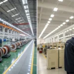 A split image of induction motor production in China and the UK.