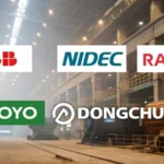 Collage of induction motor supplier logos on an industrial background
