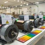 A workshop showcasing induction motors with energy efficiency labels