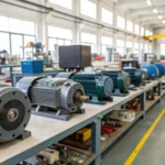 A well-lit industrial workspace with induction motors from ABB, Nidec, and Baldor Electric on shelves.