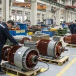 Workers assembling induction motors in a large manufacturing facility
