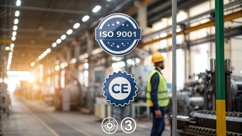 Collage of manufacturing certification logos against an industrial background
