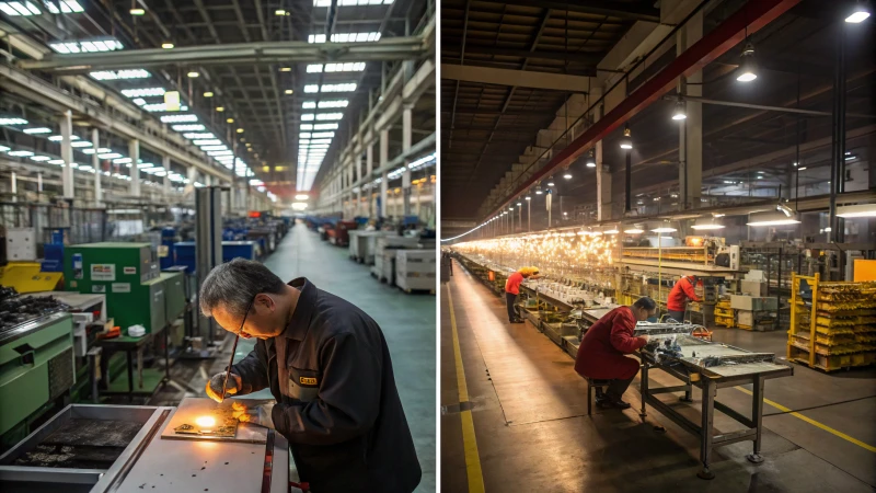 Une comparaison en images partagées d'une usine chinoise et d'un atelier italien