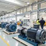 Interior of a modern factory with industrial machines and workers