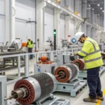 Interior of a modern factory with workers assembling induction motors.