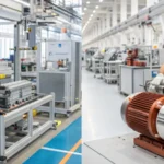 A split view of a modern manufacturing facility showing automated machines and skilled workers.