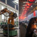 A split image of a modern Chinese factory and a traditional Egyptian workshop