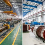 A split-scene image contrasting a large Chinese factory with advanced machinery and a smaller Turkish factory.