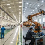 유도 모터 생산은 중국과 멕시코를 어떻게 비교합니까? Split-screen of manufacturing facilities in China and Mexico