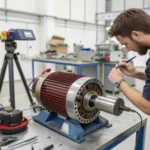A technician aligning an induction motor in a workshop