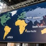 A detailed world map highlighting regions for exporting high-efficiency induction motors.
