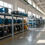 Industrial warehouse showcasing induction motors on shelves.