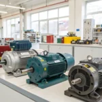 A bright industrial workshop filled with induction motors