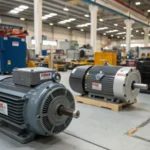 A display of induction motors from various suppliers in an industrial workshop.