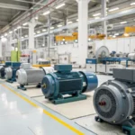 A workshop floor displaying various induction motors from ABB and Siemens