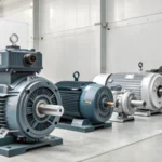 A collection of induction motors from Siemens, ABB, and WEG in a professional setting.
