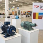 A well-lit industrial showroom showcasing various induction motors
