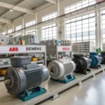 A well-lit industrial warehouse displaying induction motors on shelves
