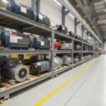 A brightly lit industrial warehouse filled with induction motors on shelves.