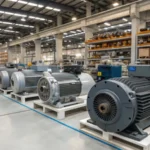 A well-lit industrial warehouse showcasing various induction motors on metal racks.