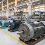 A well-lit industrial warehouse filled with induction motors