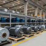 A spacious industrial warehouse filled with neatly arranged induction motors on metal shelves
