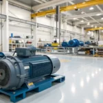A well-lit industrial workshop with various induction motors on display