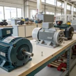 A clean industrial workspace showcasing various induction motors