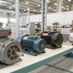 A well-lit industrial workspace showcasing induction motors from various suppliers.