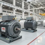 Interior of a modern factory with induction motors from ABB, Siemens, and WEG.