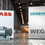 Collage of logos of top induction motor suppliers including ABB, Siemens, and WEG on an industrial-themed background.