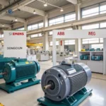 A modern industrial facility showcasing various induction motors with brand labels.